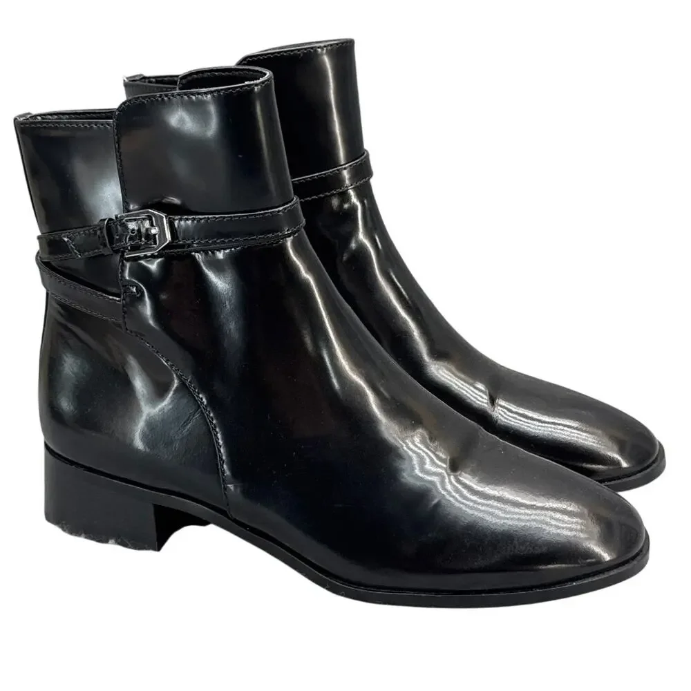 Ann Taylor Black Patent Leather Side Zip Wraparound Buckle Ankle Boot Women 10